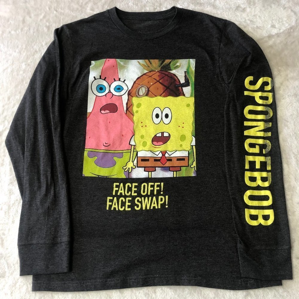 Spongebob & Patrick Face Off! Charcoal Long Sleeve Unisex Shirt Size Small